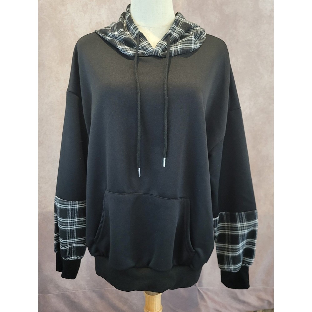 Excellent Plaid Black Pullover Hoodie Sweatshirt Medium